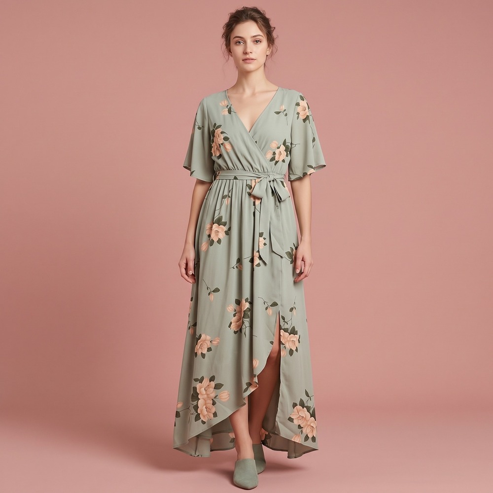 ANRABESS Maxi Dress Womens Medium Sage Green Floral Wrap V-Neck Flutter EUC